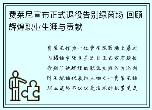 费莱尼宣布正式退役告别绿茵场 回顾辉煌职业生涯与贡献 费莱尼宣布正式退役告别绿茵场 回顾辉煌职业生涯与贡献
