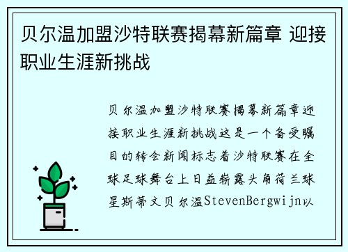 贝尔温加盟沙特联赛揭幕新篇章 迎接职业生涯新挑战 贝尔温加盟沙特联赛揭幕新篇章 迎接职业生涯新挑战