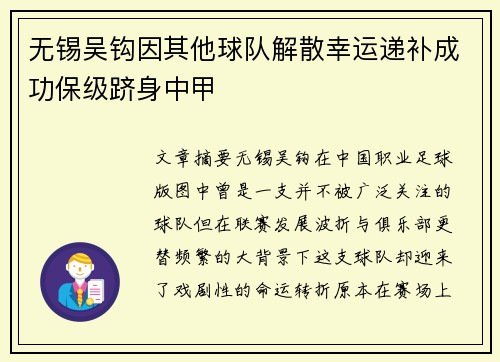 无锡吴钩因其他球队解散幸运递补成功保级跻身中甲